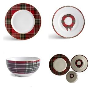 222 Fifth Wexford Red Tartan Plaid Christmas Wreath Dishware 3 Piece Set